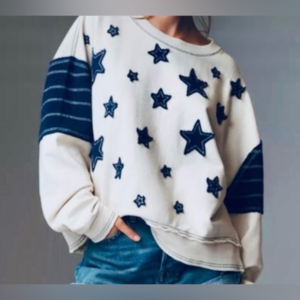 Pilcro Anthropologie Star Patch Oversized Sweatshirt raw Hem 1X